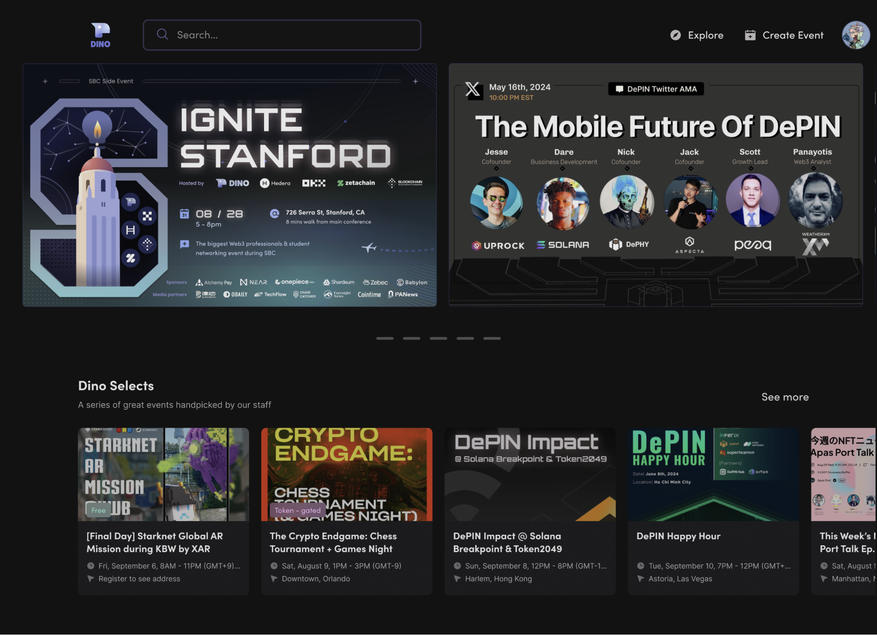 Dino explore homepage with featured events